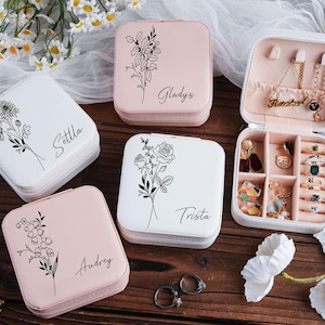 Personalisierte Geburtsblumen Schmuckschatulle: Vegan Leder Reiseetui