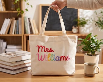 Personalized Corduroy Teacher Tote Bag, Custom Hand Crochet Name Zipper Tote, Teacher Appreciation Gift, Back to School Mrs Gift