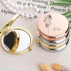 Personalized Compact Mirror with Birth Flower,Custom Name Gift,Hen Party Gift,Bridesmaid Proposal,Engraved Pocket Mirror,Birthday Gift