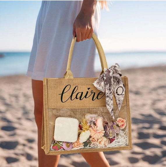 Personalized Burlap Bridesmaid Bag with Scarf: Custom Beach Tote