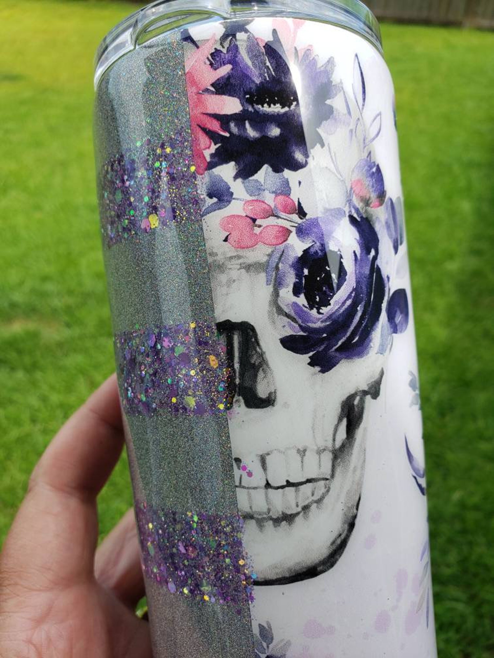 Skull and Flower Striped Glitter Tumbler 20 ounce FREE Etsy