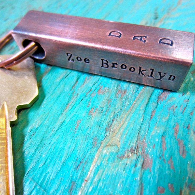 Our jewelry makes for a unique and personalized gift Each piece handcrafted in Bozeman,MT with an antique hammer Copper Bar Keychain