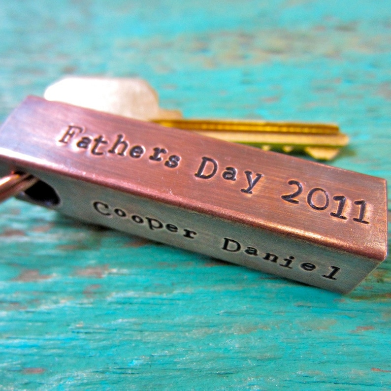 Our jewelry makes for a unique and personalized gift Each piece handcrafted in Bozeman,MT with an antique hammer Copper Bar Keychain