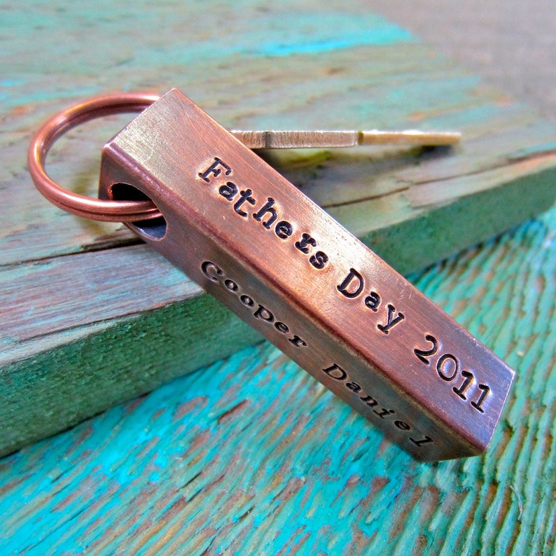Our jewelry makes for a unique and personalized gift Each piece handcrafted in Bozeman,MT with an antique hammer Copper Bar Keychain
