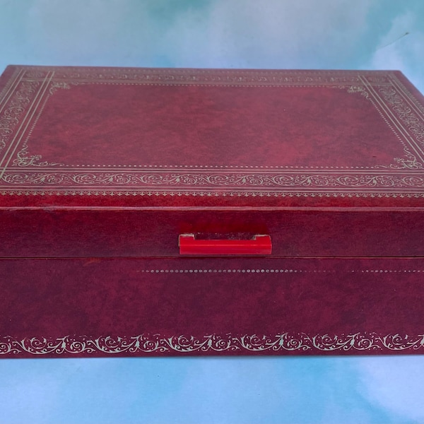 Vintage 1950s 60s Jewelry Box Red Leatherette with Gold Gilt and Velveteen Interior