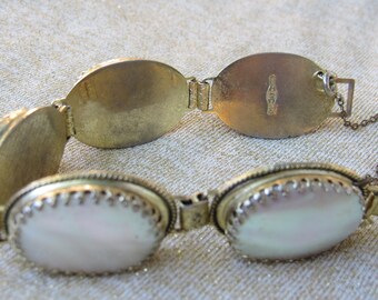 Vintage Mother of Pearl cabochons bracelet, signed Whiting & Davis, 8.5&quot; long - lovely gift for your sweetie (including yourself!)