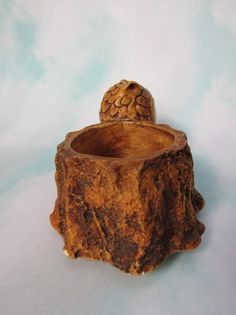 looks like wood but isn/'t Joyful Vintage Owl and Tree Stump Planter or holder or catch-all from 1981