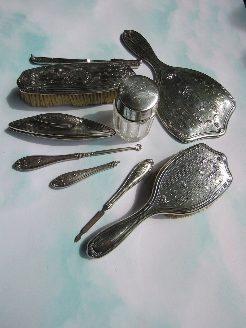 Antique Sterling Silver Vanity Set 7 Pieces in Lovely Shape Etsy