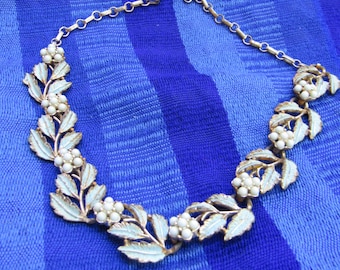 Beautiful Blue Vintage Necklace Collar or Choker - Metal Leaves and Beaded Flowers