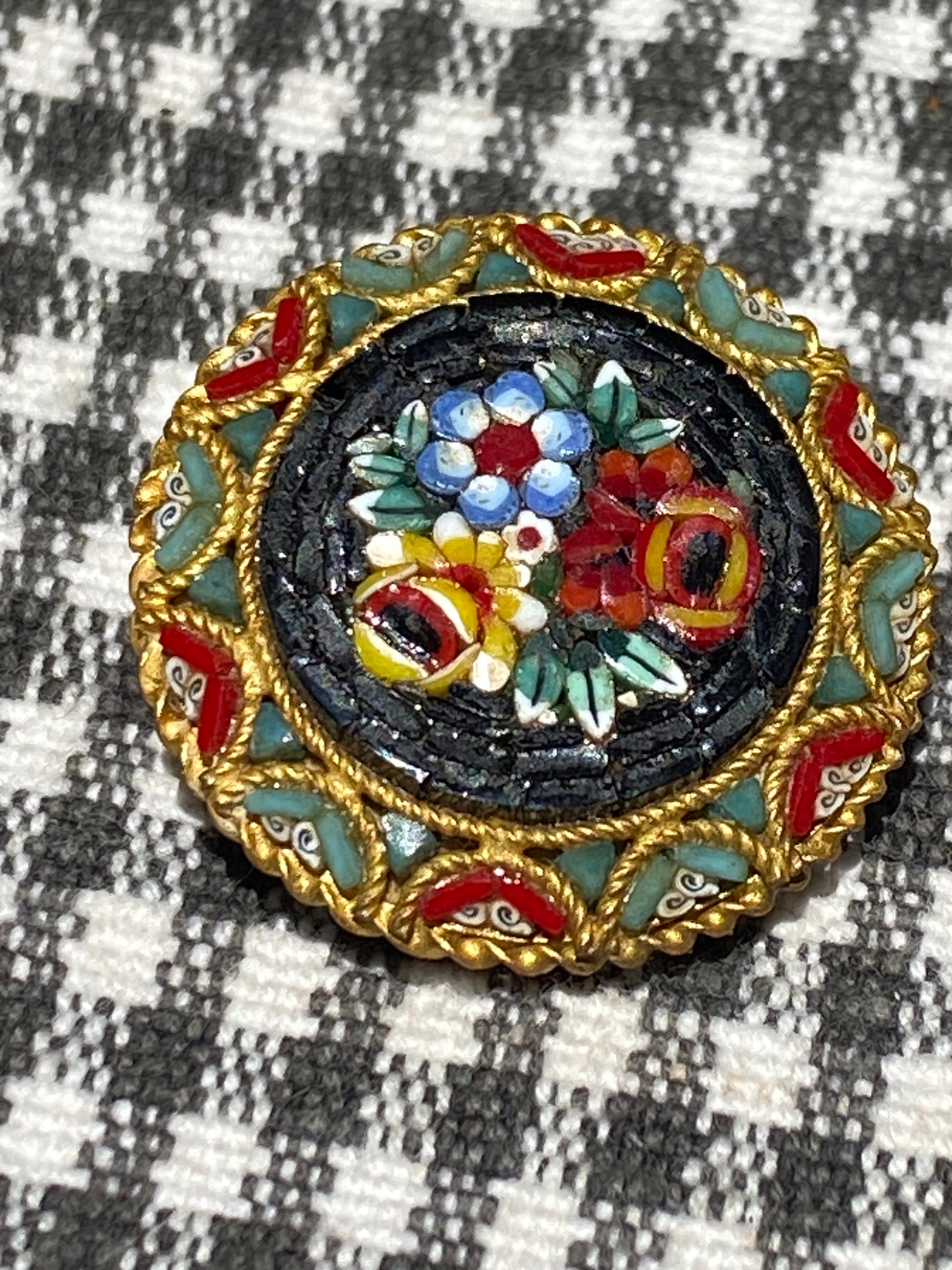 Antique Italian Micro Mosaic Brooch with Glass Beads
