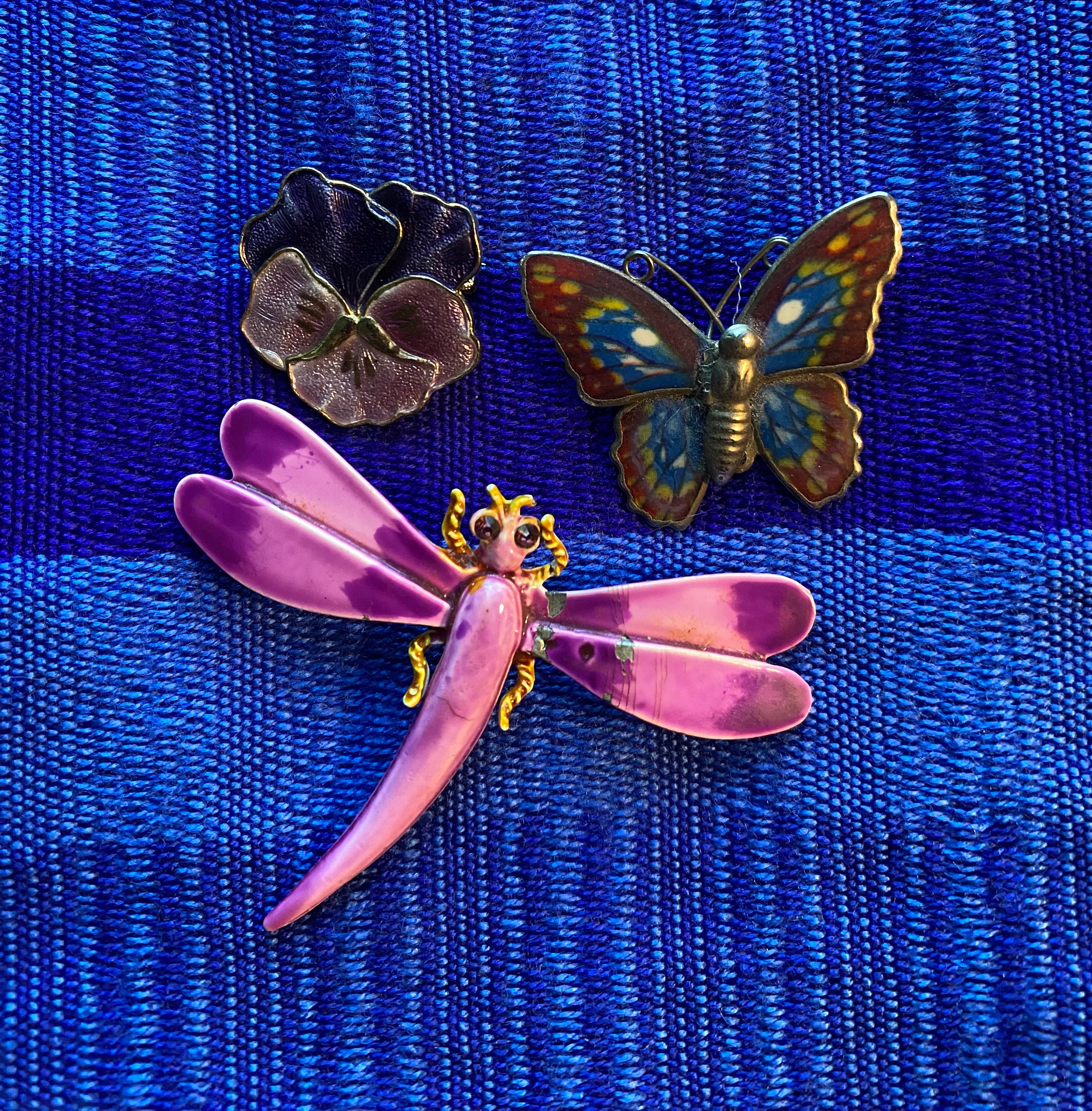 Vintage Garden Brooches  - 3 Enamel Brooches  Dragonfly - Butterfly - Flower