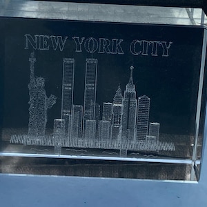 Vintage NYC Glass Paperweight with Twin Towers, Statue of Liberty, Empire State Building & More in original box