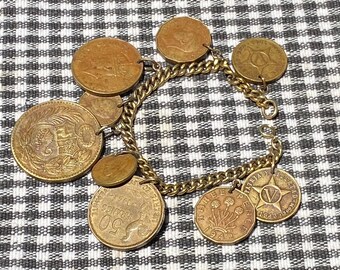 Vintage 14k Gold Bracelet with Coins from Central and South America and the Caribbean 6”