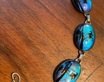 Vintage Bracelet - Hoffman Sterling Butterfly Wings Reverse Painted Abstract Beach Scenes