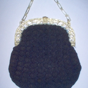 FREE Shipping-1930's Vintage Navy Blue Crocheted Gimp/Corde' Purse with Art Deco Clear Celluloid Handle/Handbag image 1