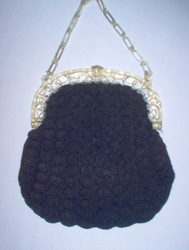 FREE Shipping-1930's Vintage Navy Blue Crocheted Gimp/Corde' Purse with Art Deco Clear Celluloid Handle/Handbag image 1