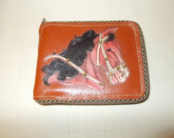 FREE Shipping-Vintage 1950s Genuine Leather Horse Wallet/Billfold with Zipper and Money Compartments