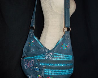 FREE Shipping- Genuine Blue Leather Stone Mountain Crossbody Shoulder Strap Rhinestone Butterfly Purse with Multiple Pockets Fully Lined