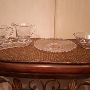 FREE Shipping-Vintage 1930s Imperial Candlewick Hobnail Glassware Set of 6 Plate, Bowl, Spoon, Sugar/Creamer