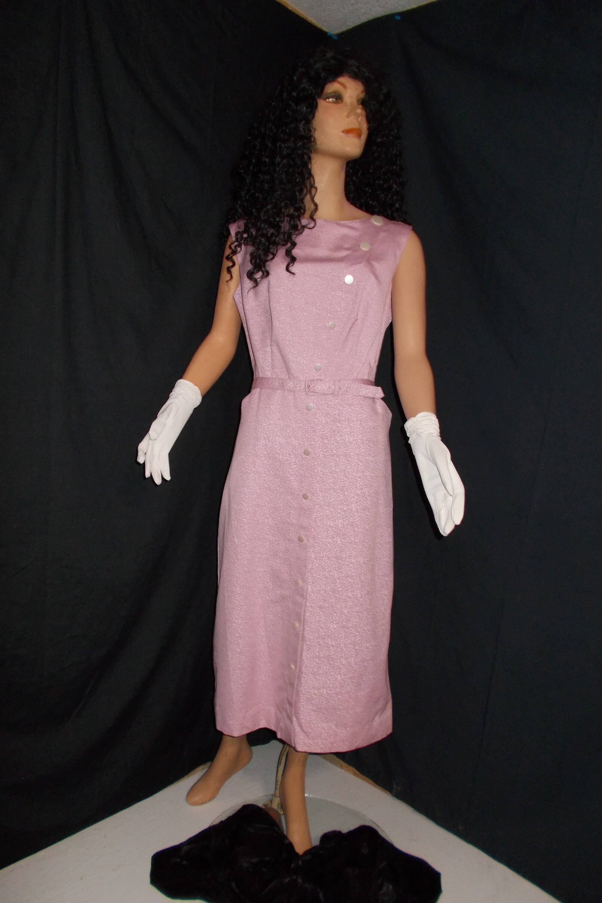 FREE Shipping-Vintage 1950s New Old Stock Mode O' Day Light Raspberry Pink Sleevless Brocade Womens Dress