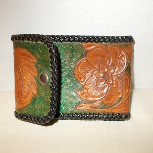 Envío GRATIS-Vintage 1950s Tooled Genuine Leather Wallet / Billfold / mexico