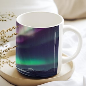 Northern Lights Mug, Camping Mug, Outdoor Gift, For Him Mug, Gift for Camper, Hillwalker Gift, Aurora Borealis, Landscape Gift