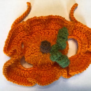 May include: A bright orange crocheted pumpkin accessory featuring a ruffled edge, a small brown centre stem, and a textured green leaf attached to the top. The piece includes two thin crocheted ties extending from the upper sides.