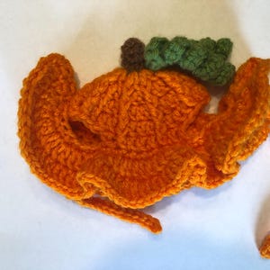 May include: A bright orange crocheted hat featuring a ruffled brim and a small brown stem with a textured green leaf attached to the top. The hat includes two long orange crocheted ties extending from the sides for securing the item in place.