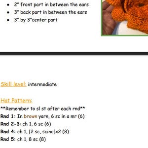 May include: A digital document containing a crochet pattern for a hat, featuring an orange crocheted item with ears, and text including measurements like 5.08 cm and 7.62 cm, plus instructions for an intermediate skill level using brown yarn.