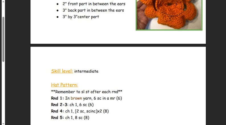 May include: A digital document containing a crochet pattern for a hat, featuring an orange crocheted item with ears, and text including measurements like 5.08 cm and 7.62 cm, plus instructions for an intermediate skill level using brown yarn.
