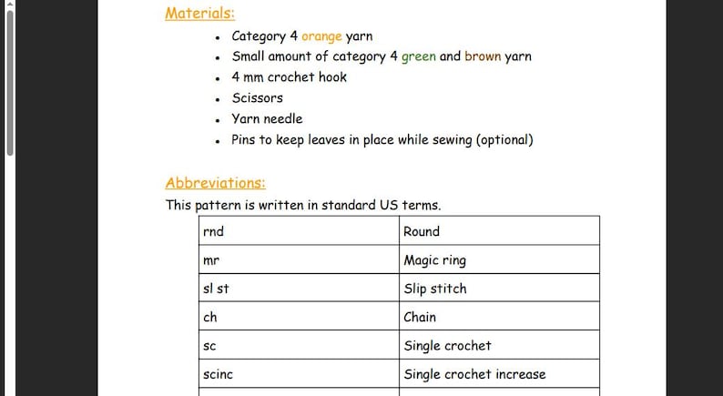 May include: A digital document page titled Materials and Abbreviations for a crochet pattern. It lists category 4 orange, green, and brown yarn, a 4 mm crochet hook, scissors, a yarn needle, and pins. A table defines US crochet abbreviations.