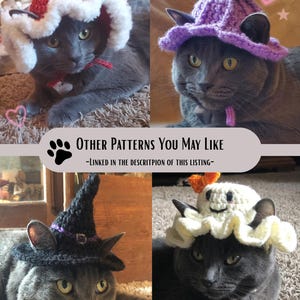 May include: A collage of four grey cats wearing crocheted hats: a red and white Santa hat, a purple flower-shaped hat, a black witch hat with a purple band, and a white ghost-shaped hat. Text reads: Other Patterns You May Like -Linked in the descriptpion of this listing-.
