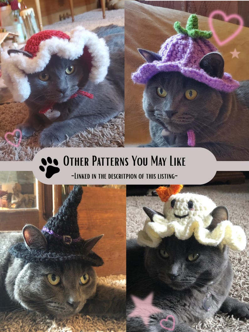 May include: A collage of four grey cats wearing crocheted hats: a red and white Santa hat, a purple flower-shaped hat, a black witch hat with a purple band, and a white ghost-shaped hat. Text reads: Other Patterns You May Like -Linked in the descriptpion of this listing-.