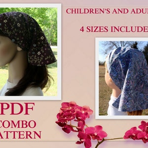 May include: A PDF combo pattern for children's and adult's head coverings. The image shows two examples of the head coverings. One is a dark purple fabric with small floral patterns. The other is a blue paisley pattern. The text reads "4 sizes included".