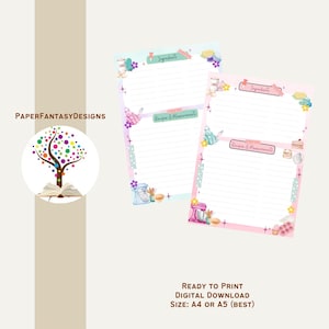 Op de afbeelding: Twee printbare receptenkaarten met een pastelroze en blauwe kleurschema. De kaarten bevatten een aquarel-illustratie van keukengerei en bakproducten. De tekst op de kaarten luidt "Ingrediënten" en "Recept & Maatregelen".