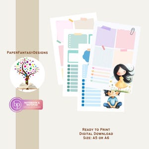 Puede incluir: Descarga digital de páginas imprimibles de cuaderno y bloc de notas. Las páginas presentan colores pastel, ilustraciones de niños y varios elementos organizativos como listas de verificación y secciones de notas. Incluye el texto "READY TO PRINT DIGITAL DOWNLOAD SIZE: A5 OR A6".