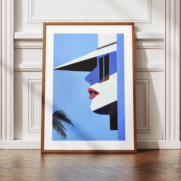 Original Palm Beach Painting Woman: Retro Art Deco Acrylic on Paper.