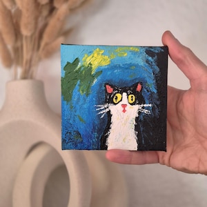 Hand-painted Tuxedo Cat Mini Canvas – Original Acrylic Art – Black and White Cat Painting – Boho Decor – Unique Gift for Cat Lovers.