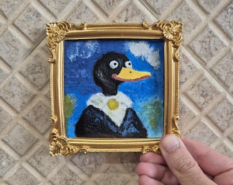Mini Duck Portrait: Whimsical Acrylic Painting with Ornate Gold Frame