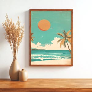 Retro Tropical Beach Poster – Vintage Summer Decor – Ocean Sunset Print – Boho Wall Art for Living Room or Bedroom.