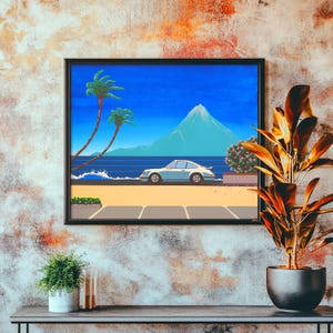 Stampa City Pop Art - Porsche 911, paesaggio tropicale e vulcano - Stile giapponese retrò - Copia dell'opera d'arte originale - Decorazione murale con auto d'epoca.