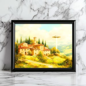 Imagen de OVNI retro – Pintura surrealista vintage – Póster de paisaje clásico de ciencia ficción – Decoración extraterrestre para sala de estar u oficina.