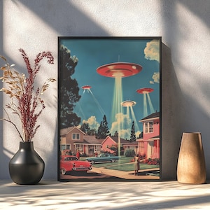 Póster de invasión OVNI de ciencia ficción retro/Decoración de la era espacial de los años 60/Arte de pared de ciencia ficción vintage/Estética extraterrestre de mediados de siglo/Impresión artística para fanáticos de la ciencia ficción.