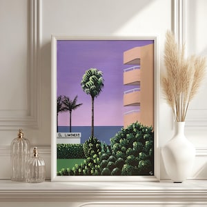Stampa City Pop Art / Arte giapponese retrò anni '80 / Riproduzione di un dipinto acrilico originale / Decorazione murale con palme costiere.