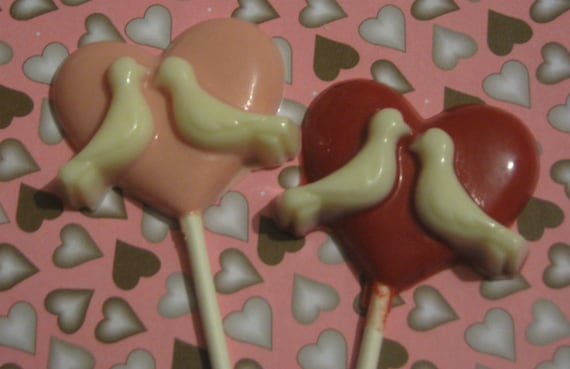 A dozen Love birds heart lollipop suckers party favors Valentines wedding favors
