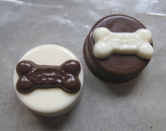 One dozen dog bone designed chocolate covered sandwich cookie (Oreo) party favors