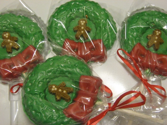 Wreath with gingerbread man or snowman party favor sucker lollipop
