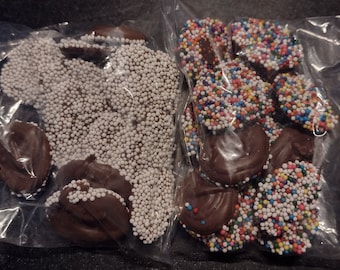 Homemade chocolate nonpareils in your choice of chocolate and nonpareil colors 8oz bags