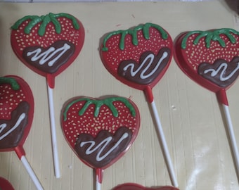 One dozen heart shaped chocolate covered strawberry design lollipop suckers party favors