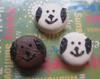 One dozen puppy dog design hand dipped and hand painted chocolate covered sandwich cookie oreo party favors